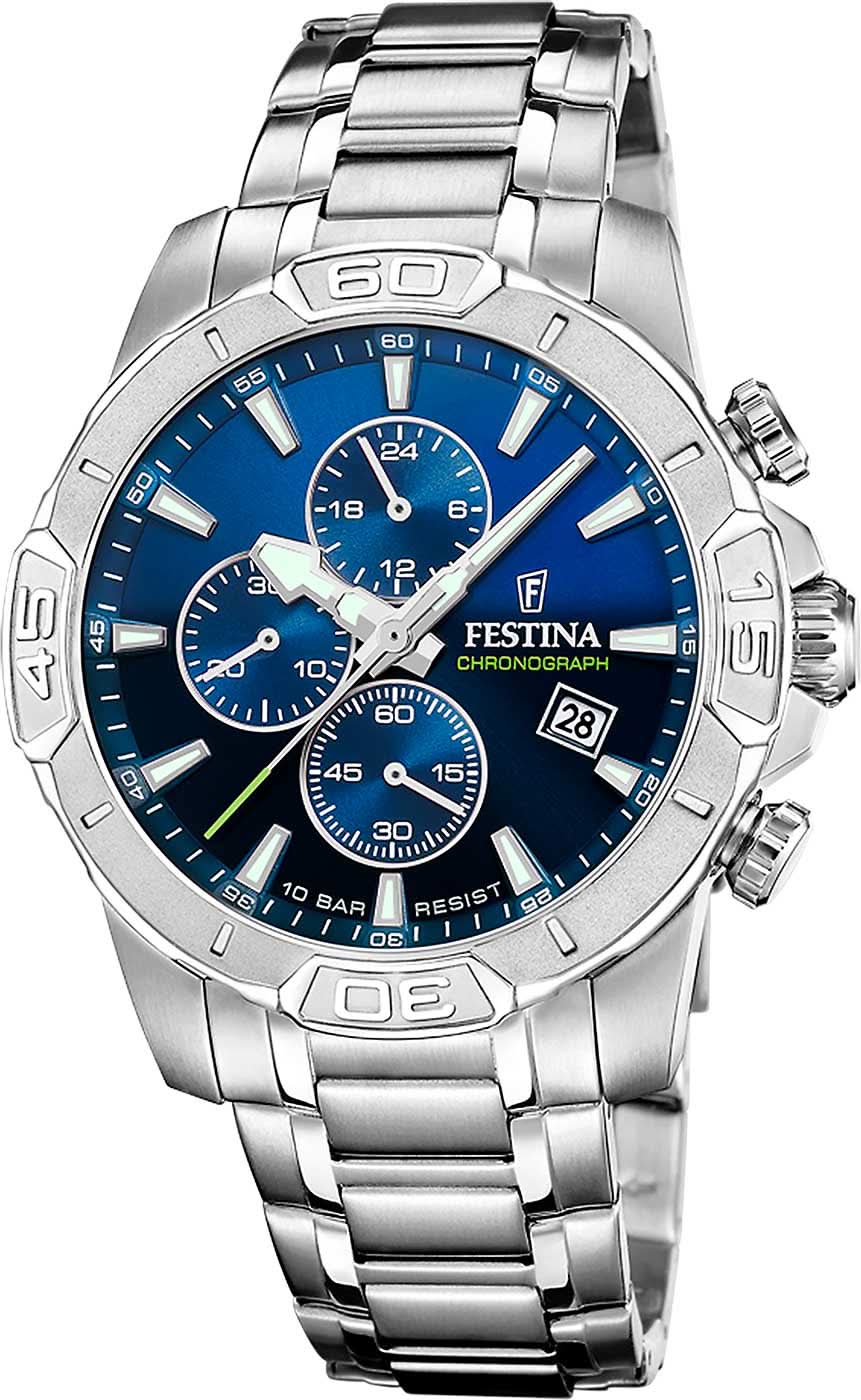 Cronógrafo de acero inoxidable para hombre con esfera azul y subesferas de cronógrafo
