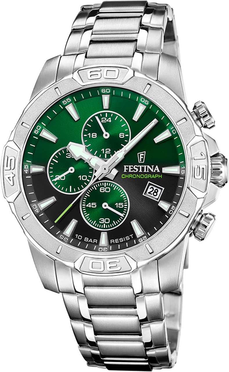 Cronógrafo para hombre con esfera verde y correa de acero inoxidable, pulsadores de crono