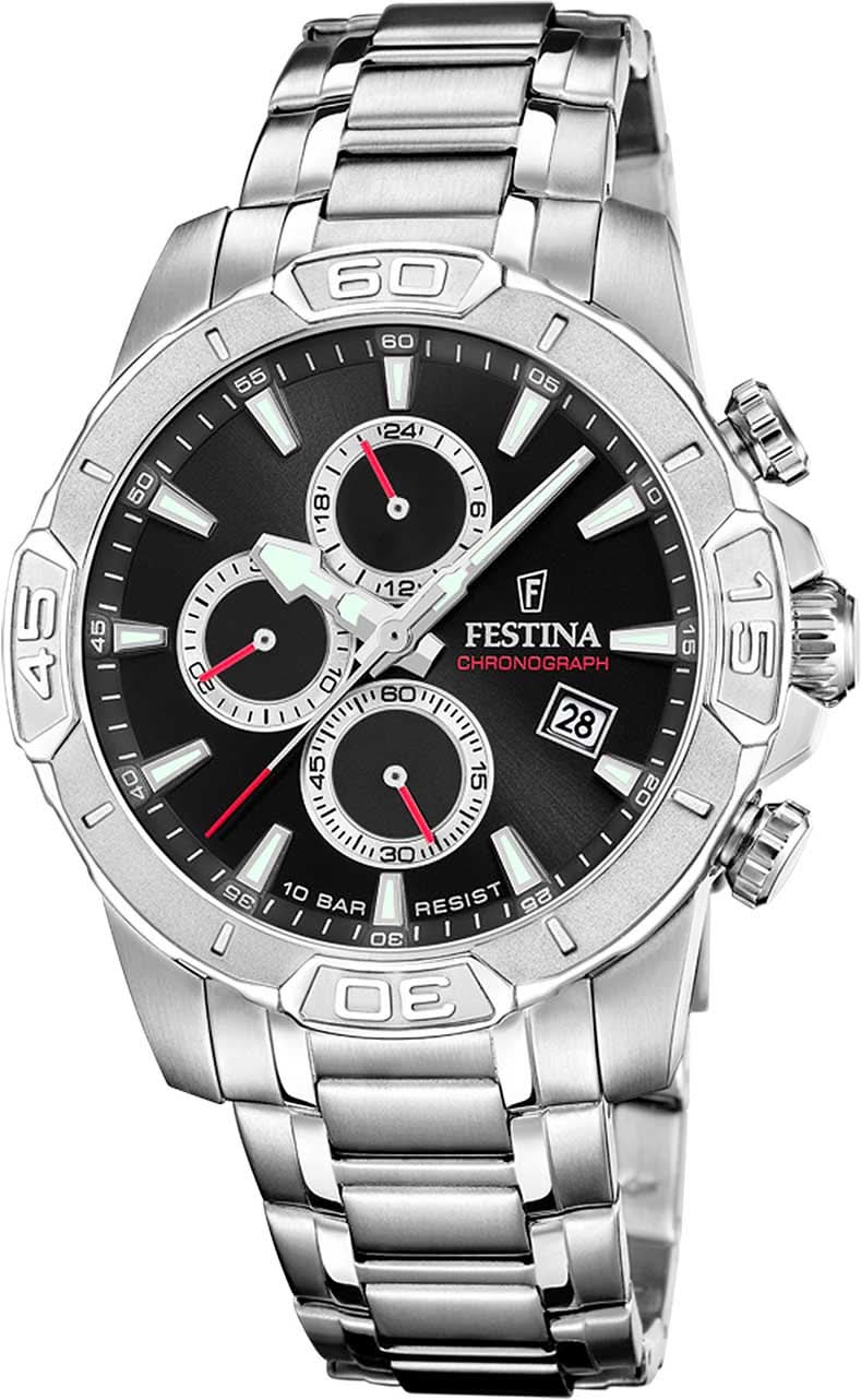 Reloj cronógrafo Festina para hombre de acero inoxidable con esfera negra y detalles en rojo.