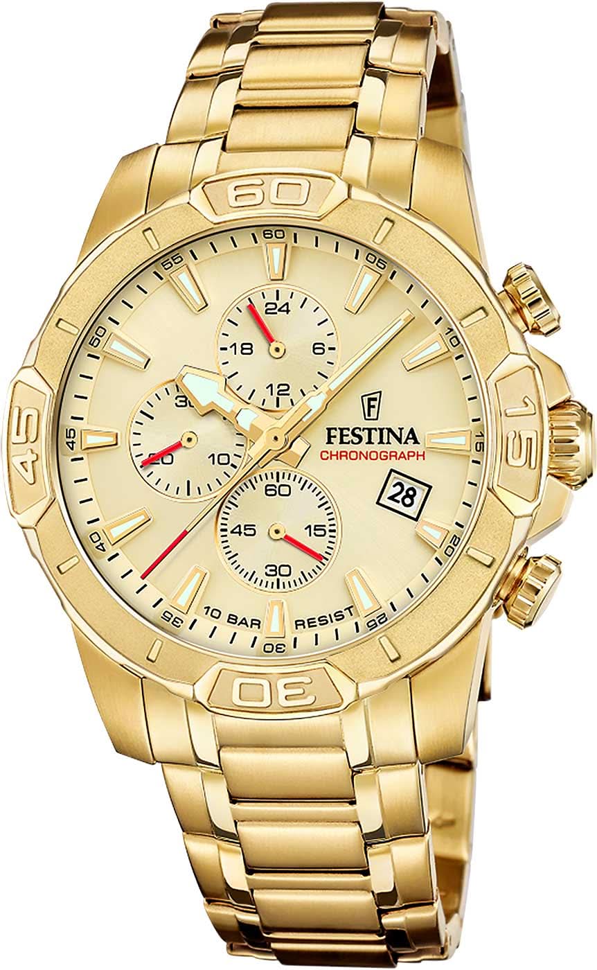 Reloj de hombre con esfera dorada e indicadores de cronógrafo, correa de acero inoxidable