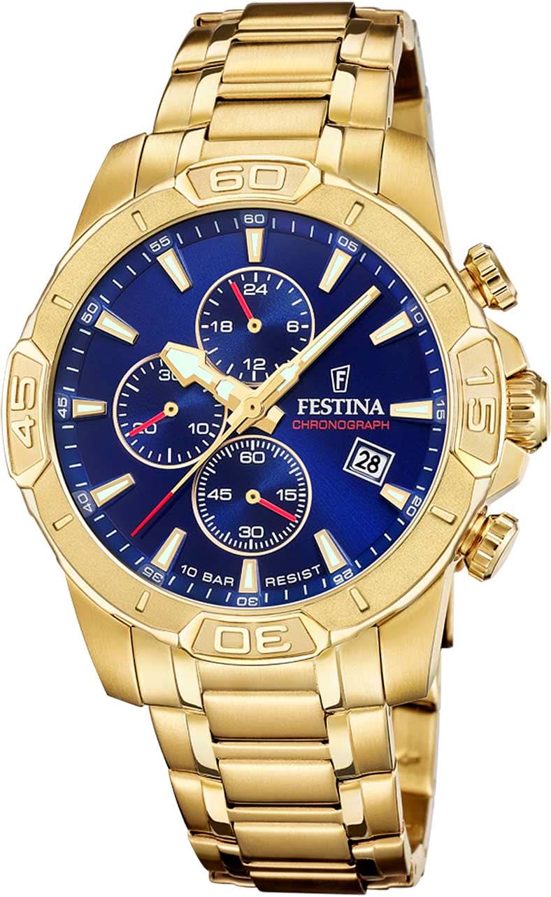 Reloj Festina para hombre con cronógrafo, esfera azul y correa de acero inoxidable en tono dorado
