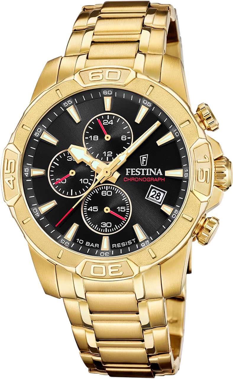 Reloj dorado para hombre con cronógrafo, esfera negra y correa de acero inoxidable