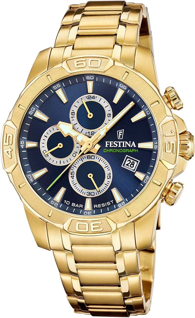 Reloj de hombre con esfera azul y correa de cronógrafo dorada