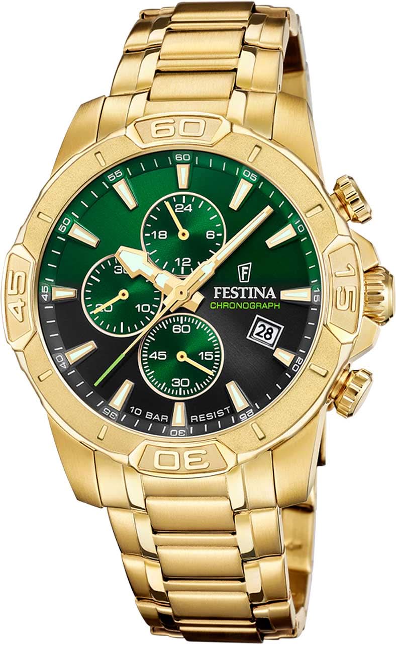 Reloj de hombre con correa de cronógrafo dorado y esfera verde