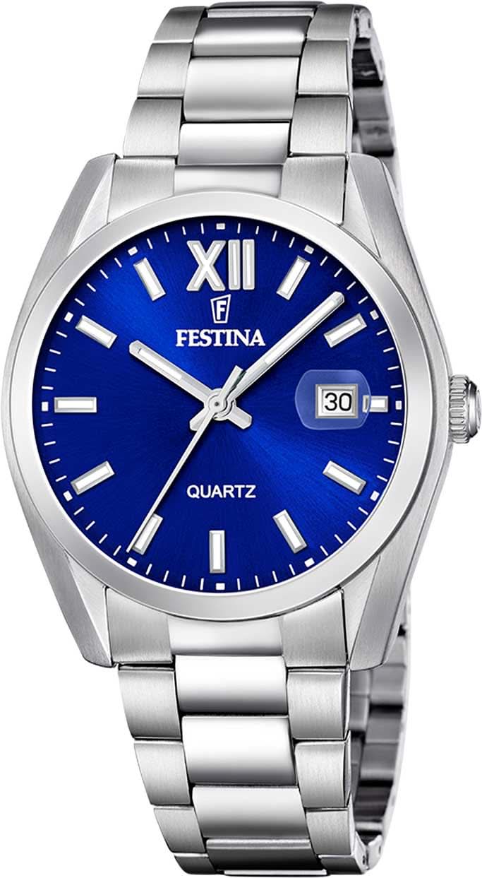 Reloj de hombre con esfera azul, correa de acero inoxidable y visualización de fecha a las 30
