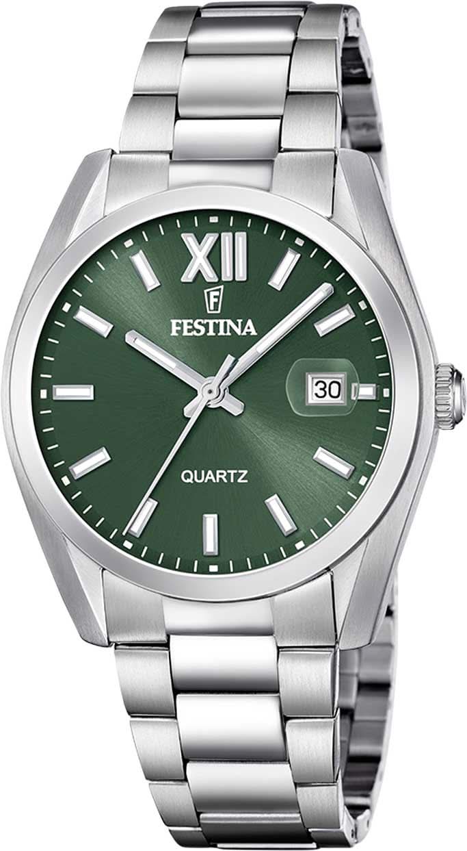Pulsera de hombre con esfera verde, números romanos y brazalete de acero inoxidable