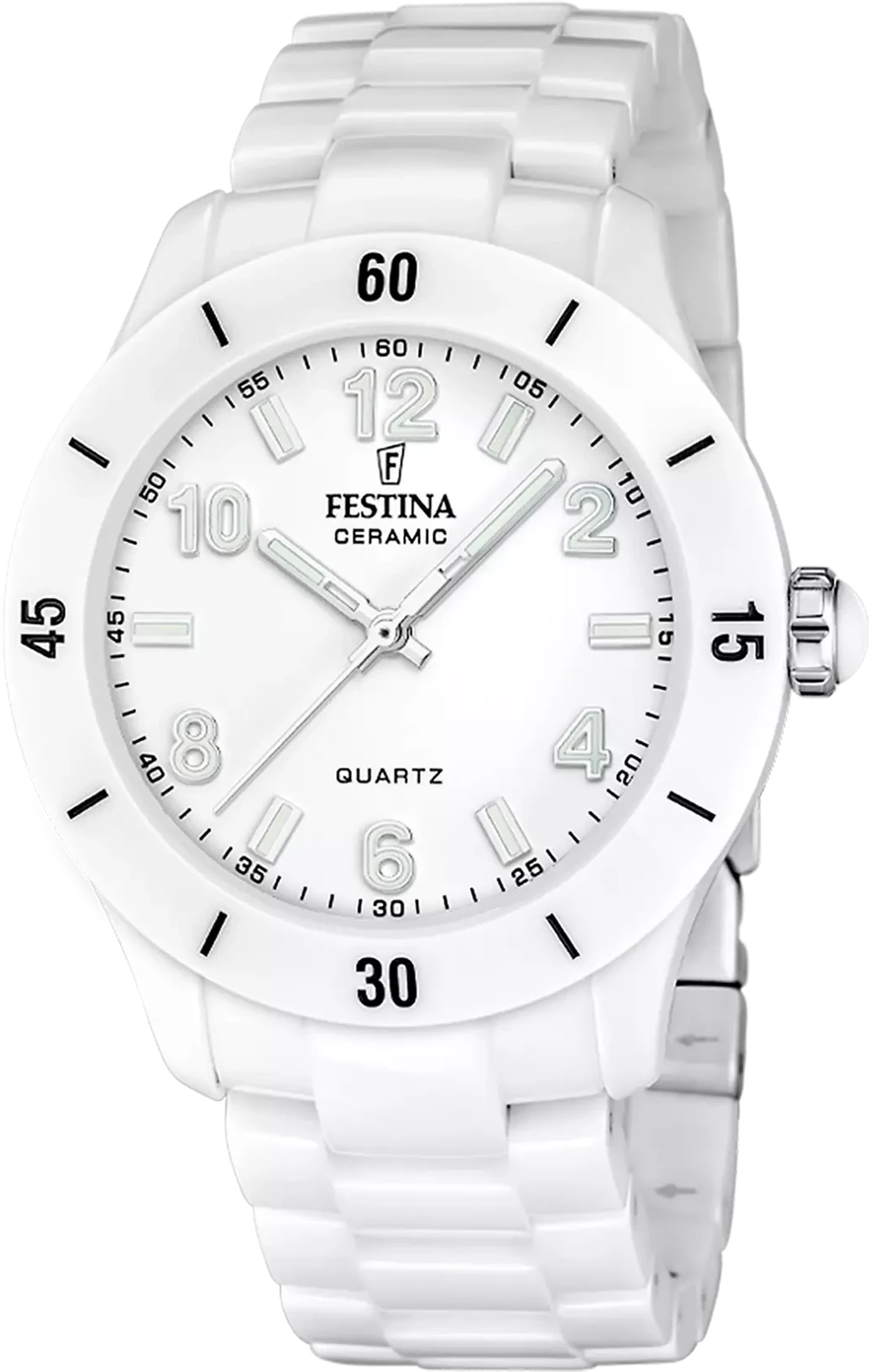 "Reloj de mujer: correa de cerámica blanca y esfera blanca, pantalla redonda"