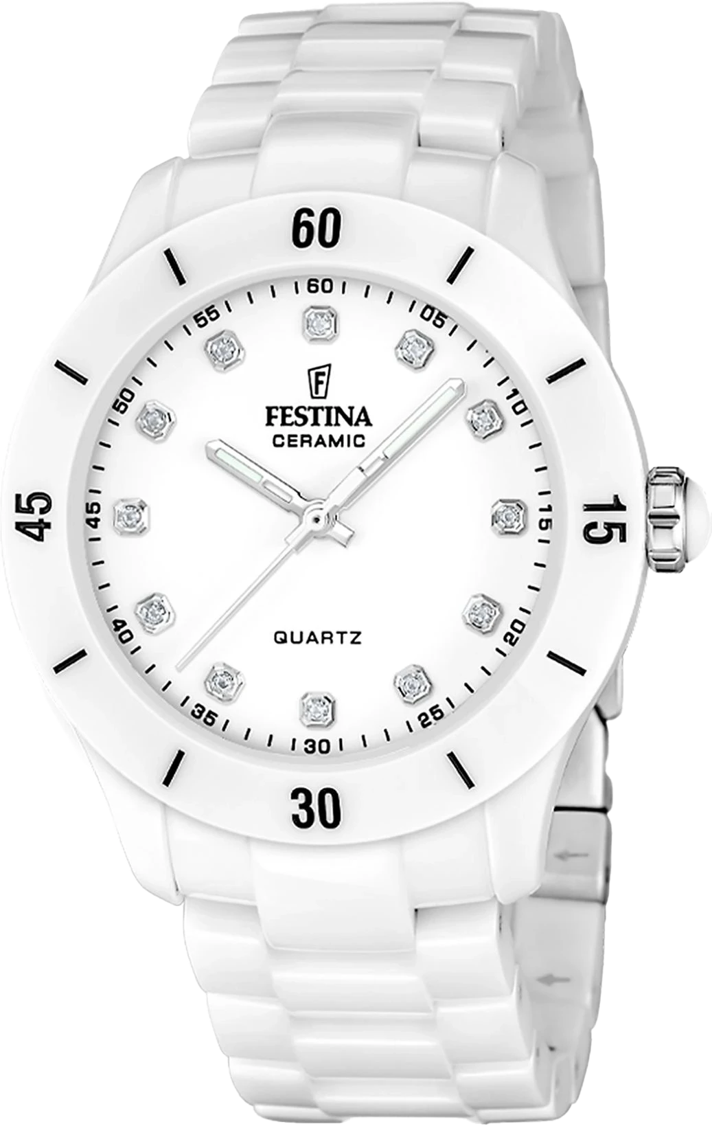 "Reloj de mujer con brazalete de cerámica blanca y esfera blanca, cuarzo, números arábigos grandes"