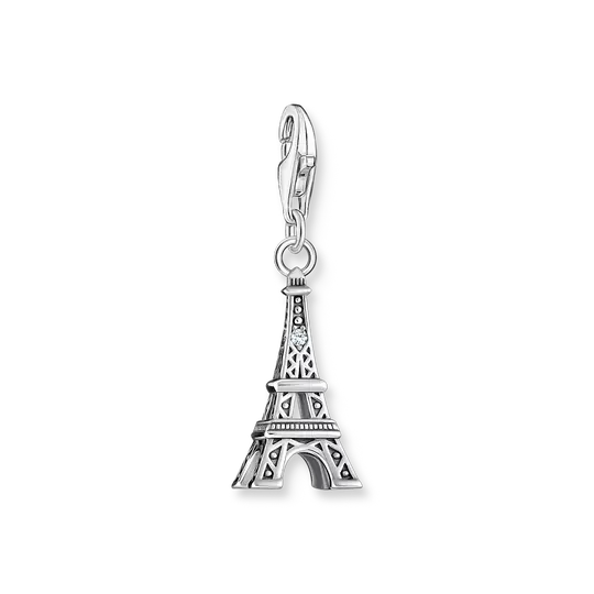 Colgante Charm Torre Eiffel de plata de ley 925 con asa y detalles en relieve.