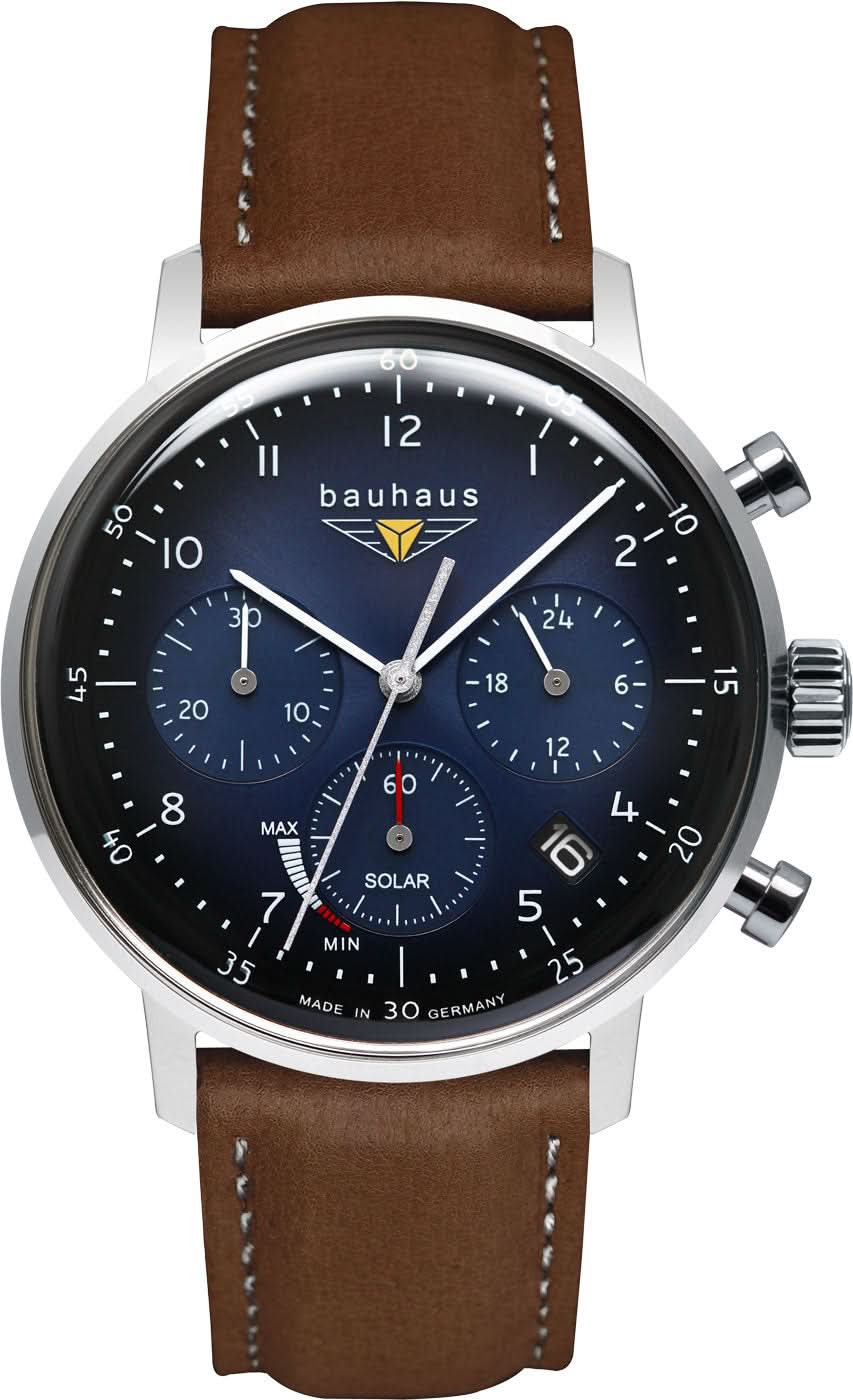 Reloj solar para hombre con cronógrafo, correa de cuero marrón y esfera azul y negra