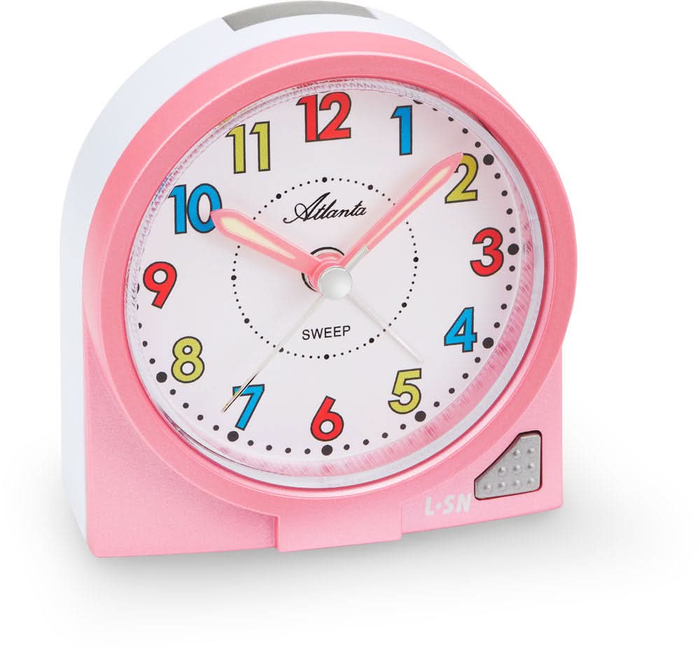 Despertador infantil rosa con esfera analógica y botón de repetición, carcasa de plástico