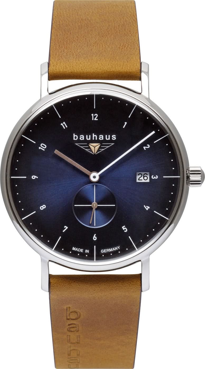 Reloj de hombre: esfera azul oscuro, segundero pequeño, correa de cuero marrón, caja de acero, fabricado en Alemania