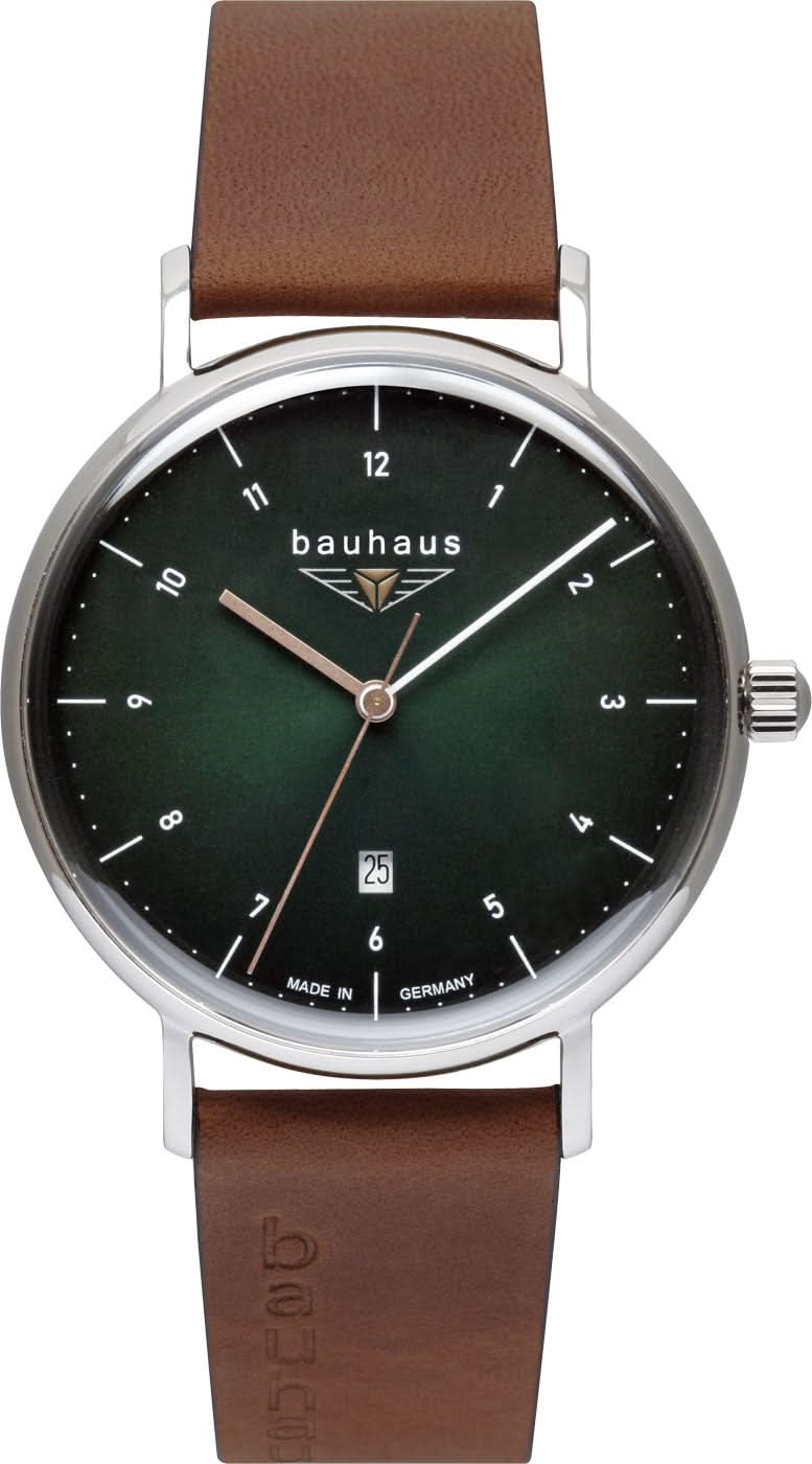 Reloj de hombre con correa de cuero marrón, caja plateada y esfera verde oscuro