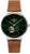 Reloj de hombre con esfera verde, correa de cuero (marrón) y vista abierta del mecanismo