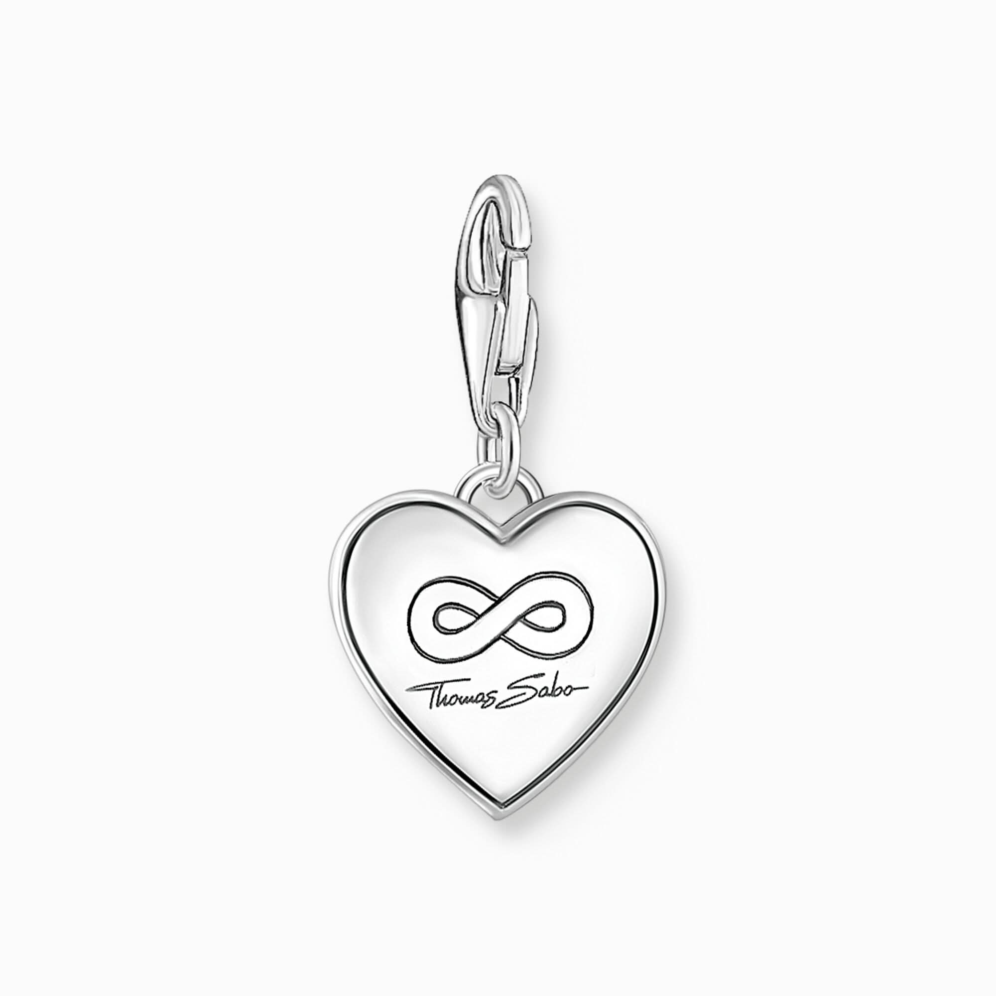 Charm de corazón plateado con inscripción, símbolo de infinito y ojal