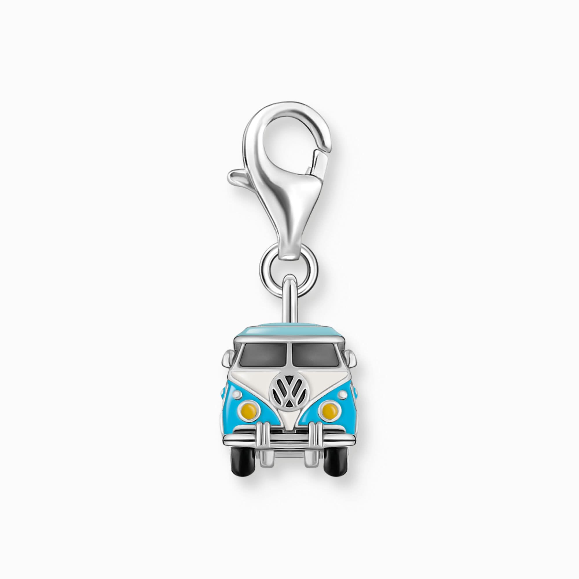 Colgante de plata con VW Bulli en azul, turquesa y detalles de colores