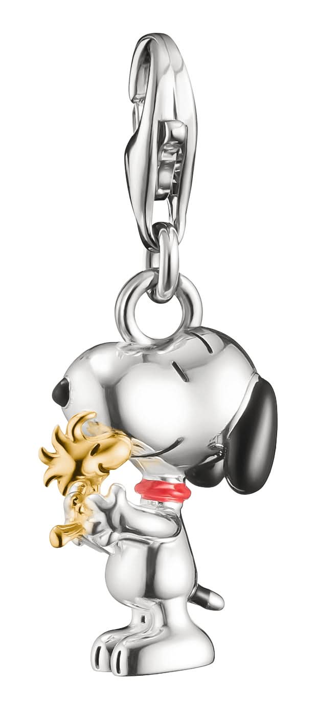 Colgante de charm de metal plateado con diseño de Snoopy y Woodstock
