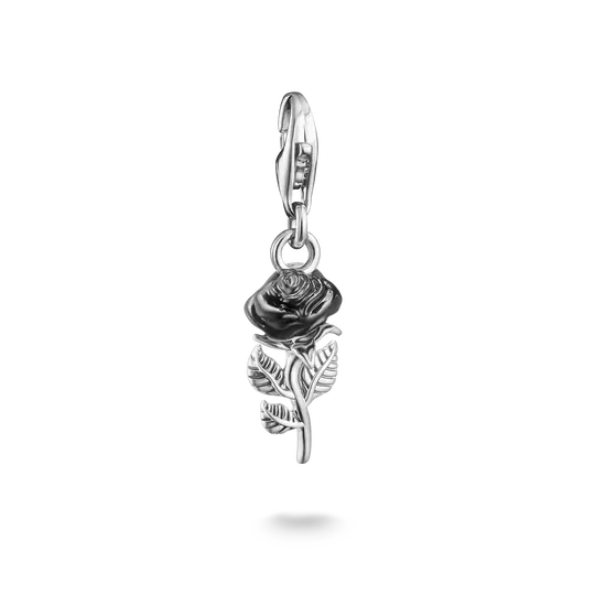 Colgante tipo charm plateado con rosa esmaltada y asa para colgar