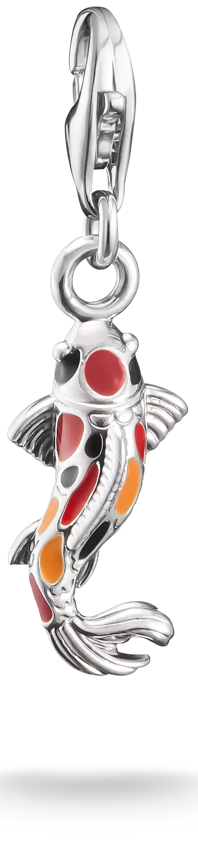 Colgante de charm de carpa koi plateada con ojos rojos y esmalte negro en la fianza
