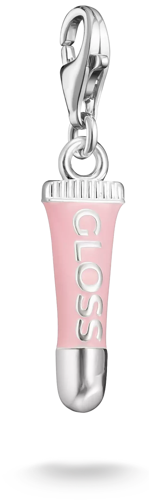 Colgante Charm de plata con tubo de brillo de labios rosa y cierre de mosquetón