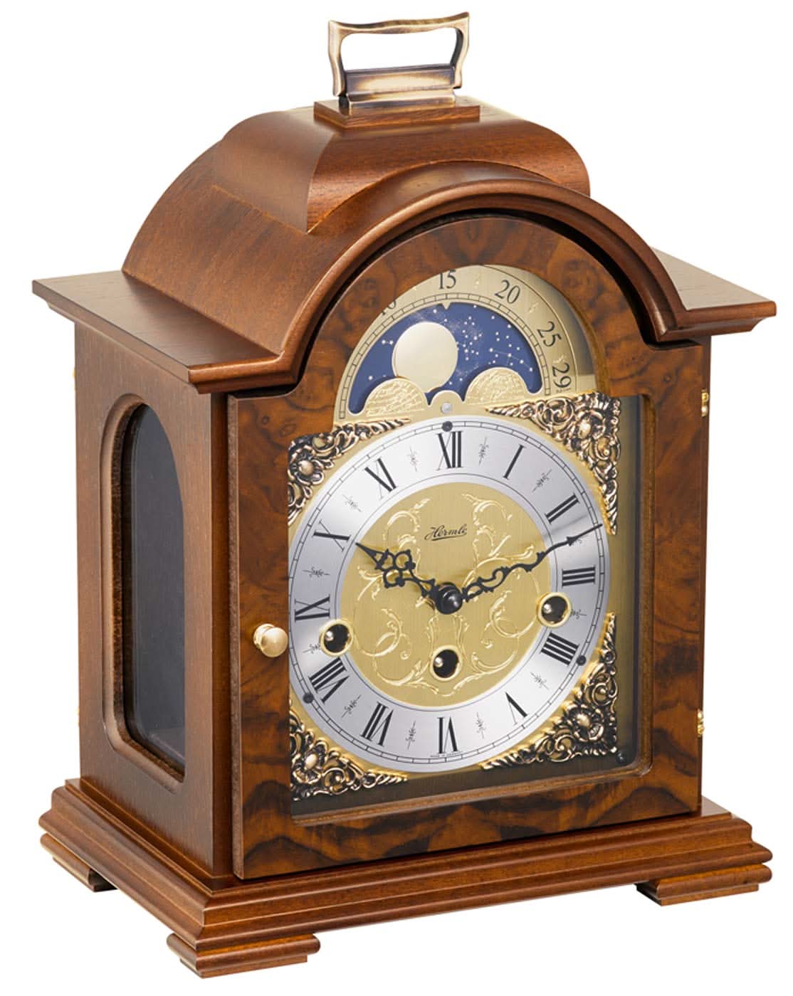 Reloj de mesa de madera con esfera de fases lunares, números romanos y borde decorativo
