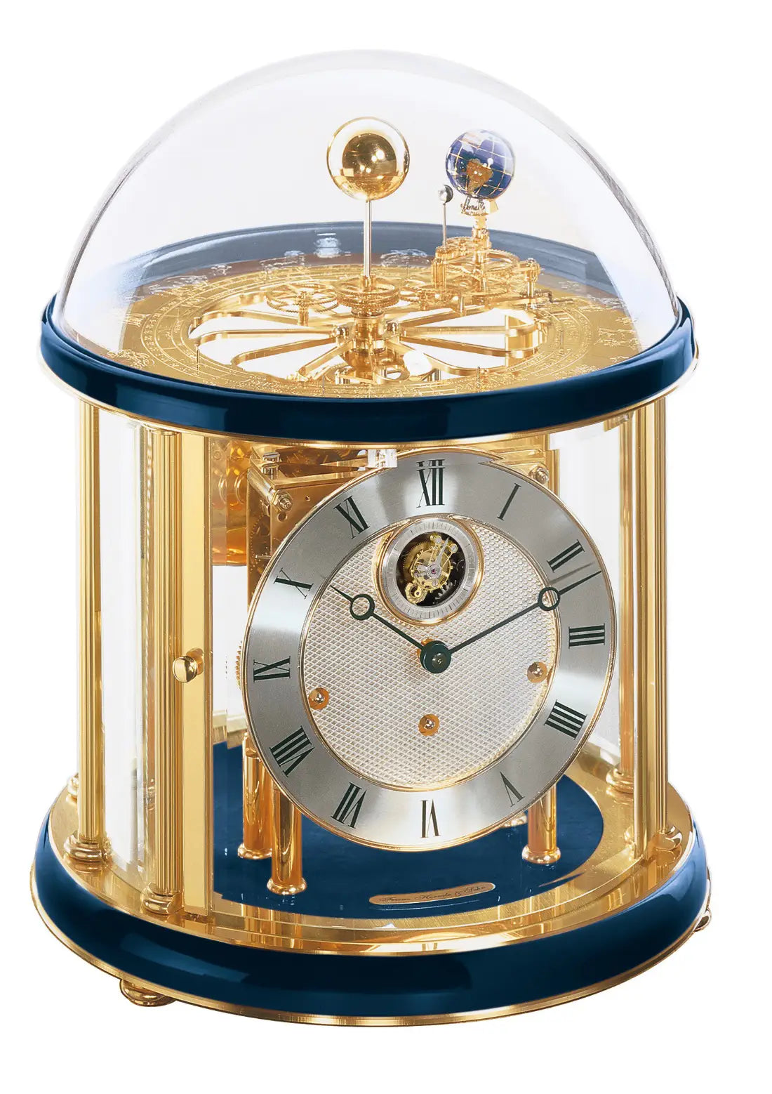 Reloj Tourbillon de latón con esfera blanca, base azul y cubierta de cristal