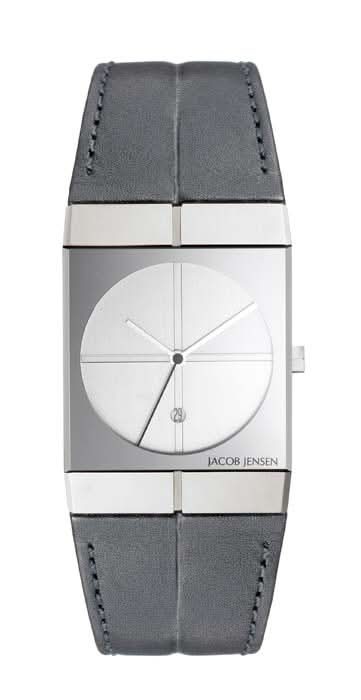 Reloj unisex con caja plateada, esfera blanca y correa de cuero gris, con JACOB JENSEN