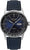 Reloj de hombre con esfera azul oscuro, caja plateada y correa de piel azul.