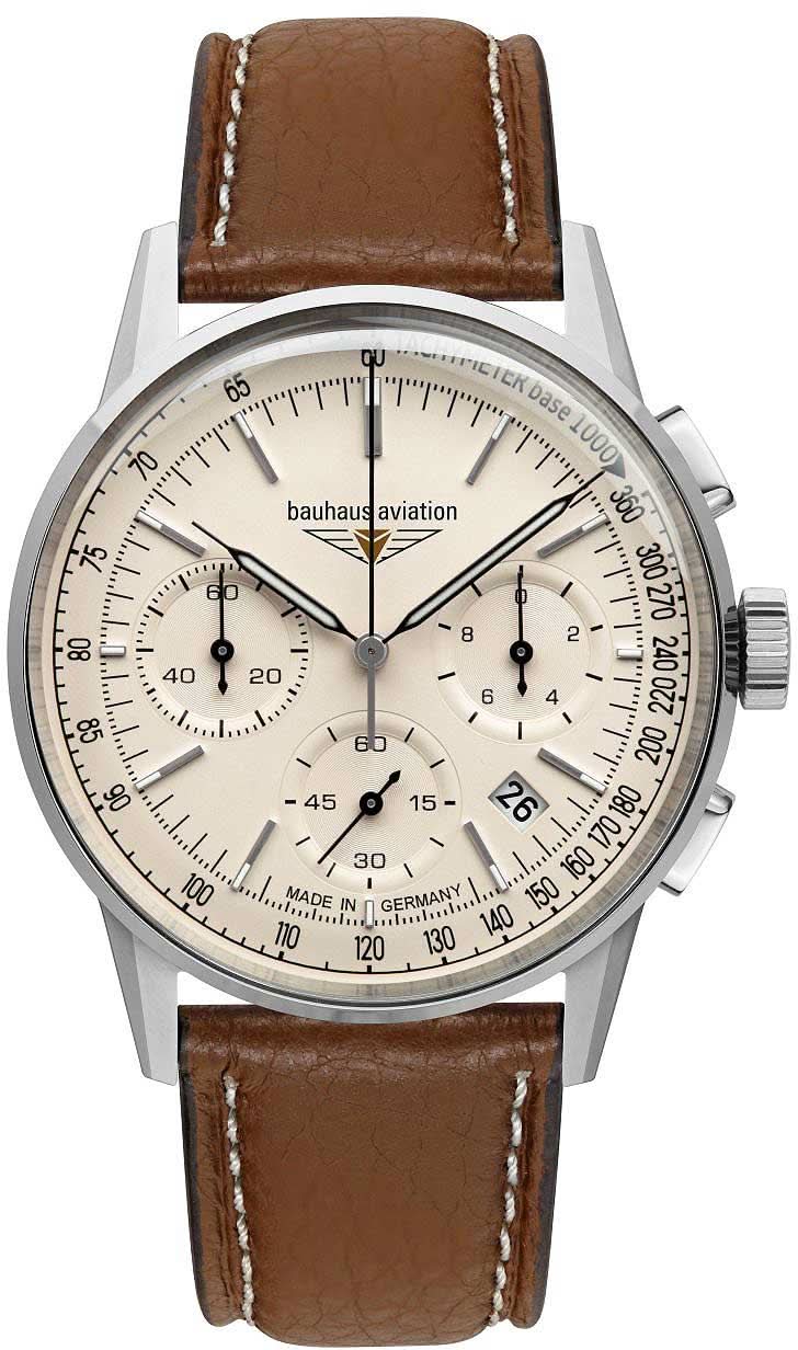 Pulsera de hombre con correa de cuero marrón, caja plateada y esfera de aspecto beige