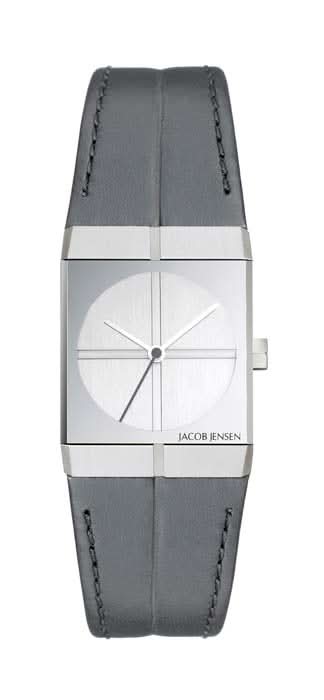 Reloj Jacob Jensen para mujer con correa de cuero oscura, caja plateada y esfera blanca