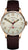 Reloj analógico con correa de cuero marrón, caja plateada y esfera blanca