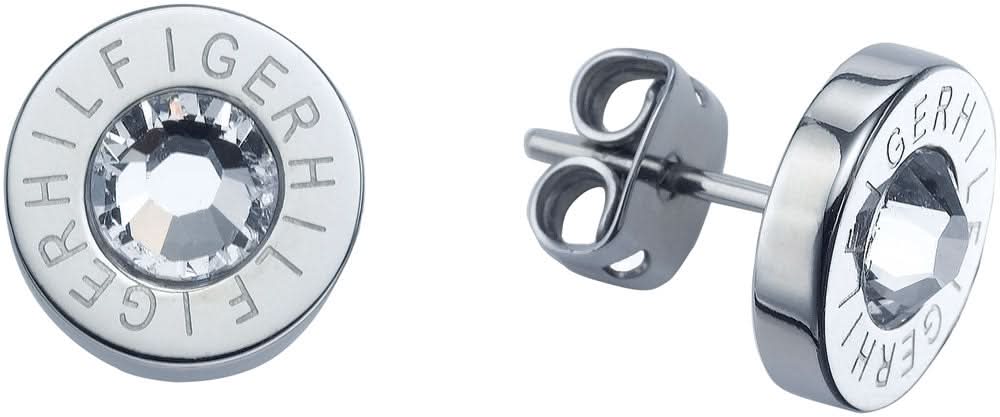 Pendientes plateados de Tommy Hilfiger con piedra redonda y pequeño anillo con logo.