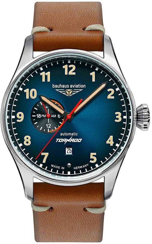 Pulsera de hombre con correa de cuero marrón, esfera azul y visualización automática