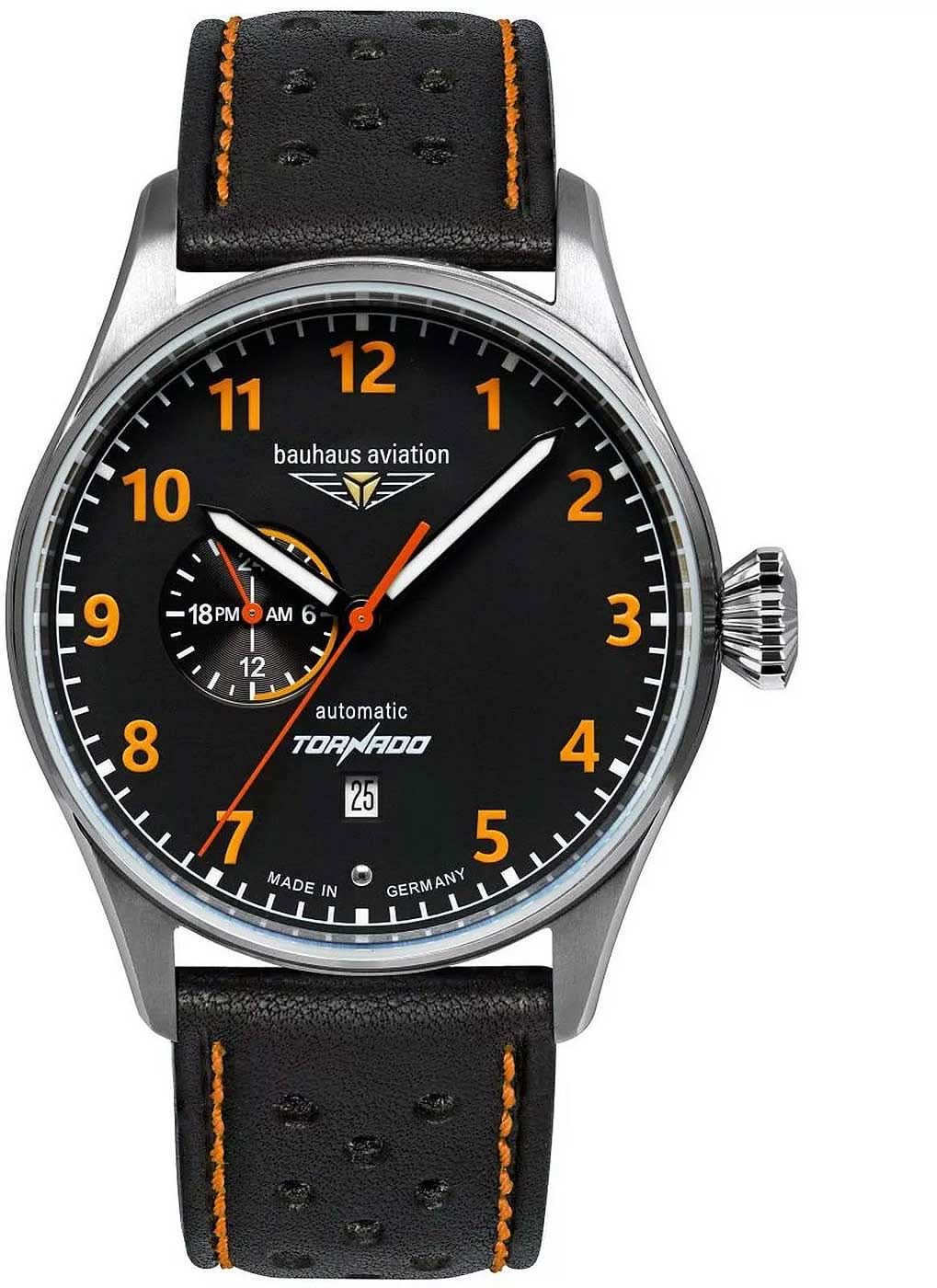 Reloj para hombre: correa de cuero negra, caja plateada, esfera oscura con marcadores amarillos