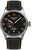Reloj para hombre: correa de cuero negra, caja plateada, esfera oscura con marcadores amarillos