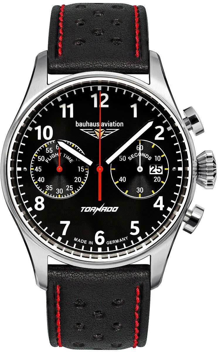 Reloj de hombre: esfera negra, subesferas de cronógrafo, correa de cuero negra con pespuntes rojos