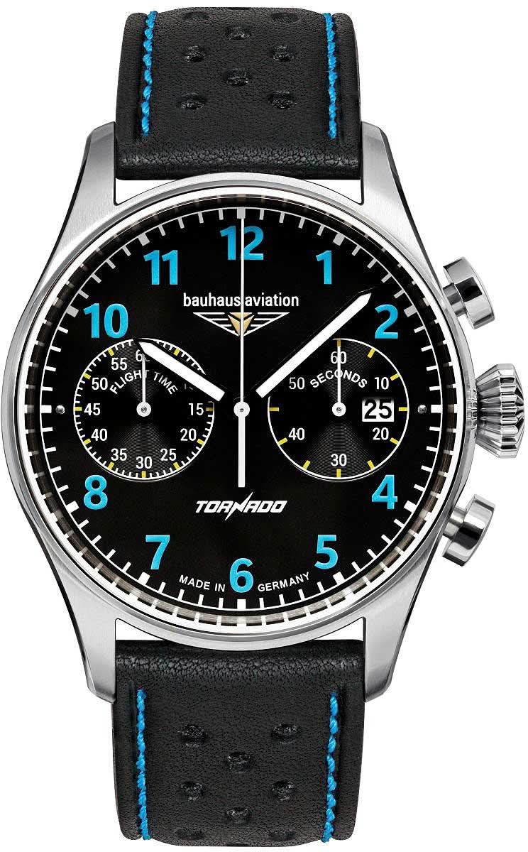 Reloj de piloto para hombre con esfera negra, marcadores azules y correa de cuero