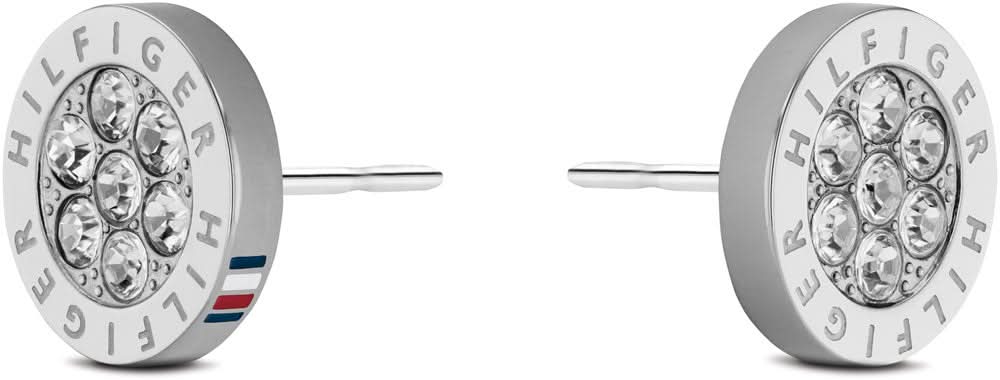 Pendientes Tommy Hilfiger de acero inoxidable: discos redondos con logo y detalles de piedras, rayas de colores