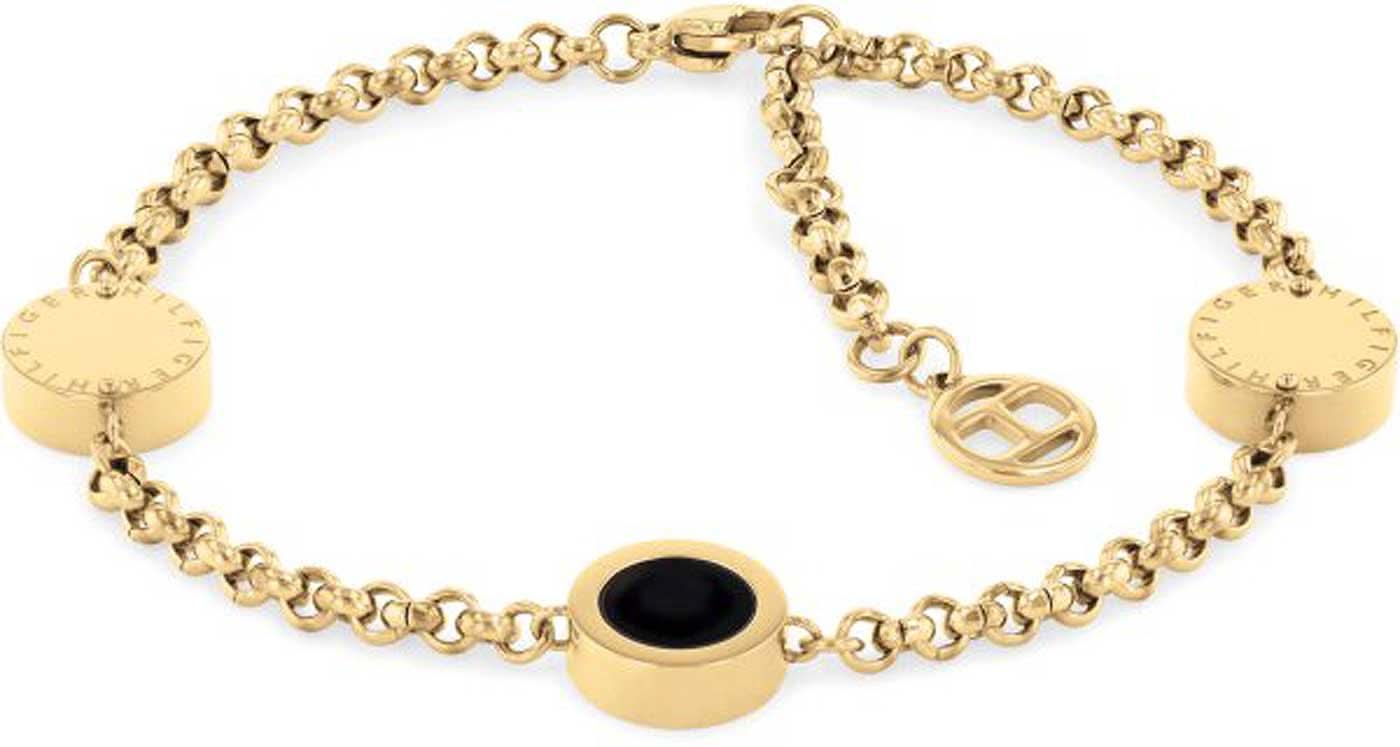 Pulsera con dijes, cadena dorada, dije de disco redondo e inserto negro