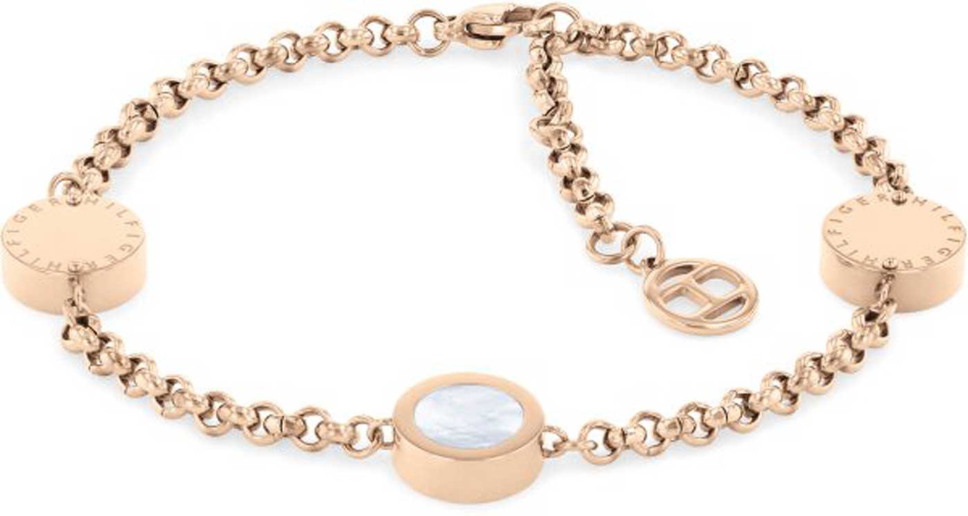 Pulsera Tommy Hilfiger con dijes, cadena dorada y colgante ovalado con incrustación azul