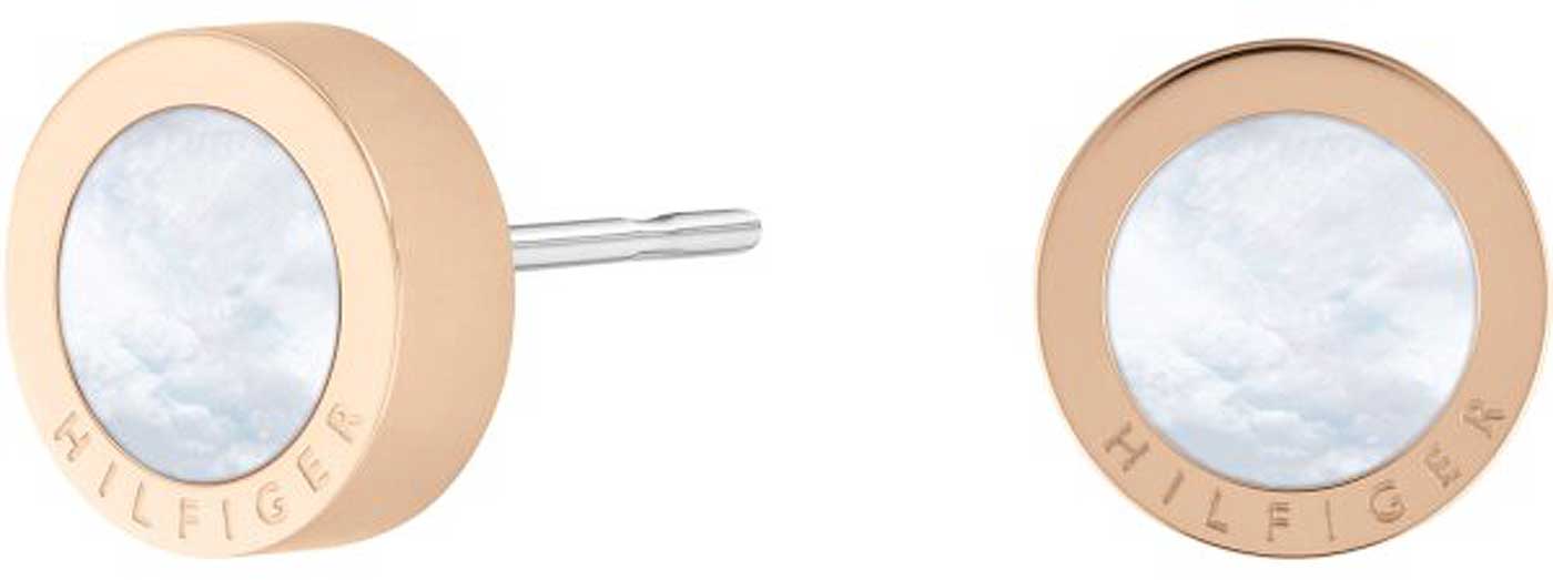 Pendientes redondos con piedra clara, metal en tono oro rosa, inscripción Hilfiger