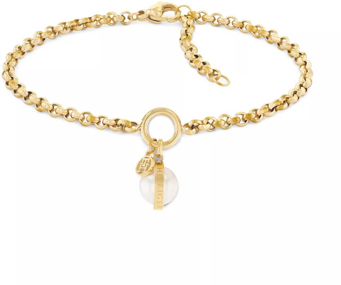 Pulsera dorada con colgante de perla y placa redonda