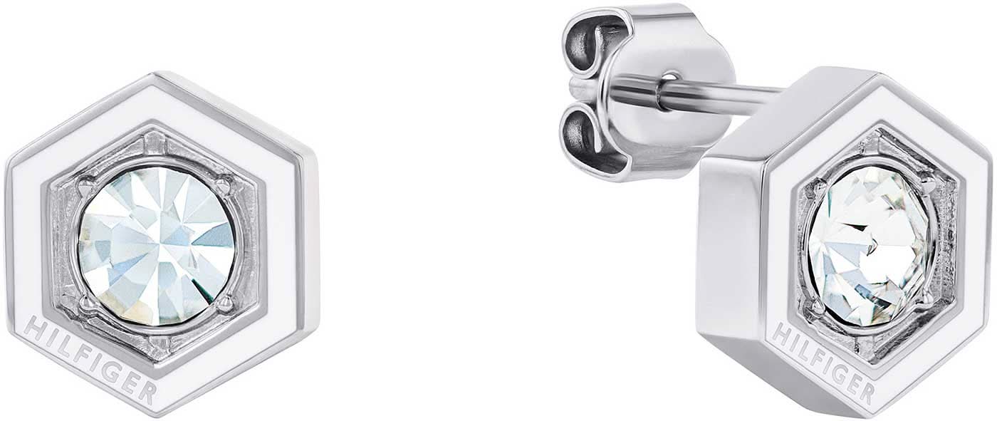 Pendientes geométricos, plateados con piedra transparente y logo HILFIGER
