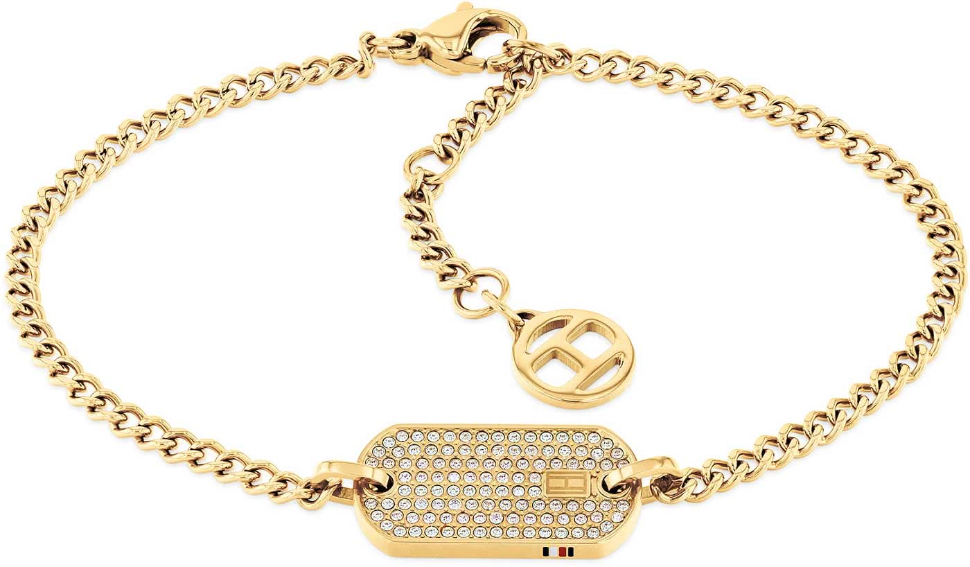 Cadena de eslabones cubanos con colgante de placa de identificación de Tommy Hilfiger, dorada, rectangular con adornos de diamantes de imitación