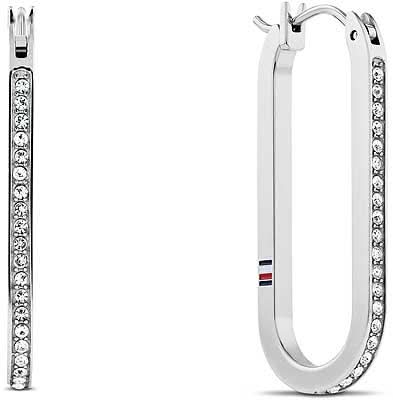 Tommy Hilfiger aro con pedrería de metal plateado, gancho ovalado con pavé