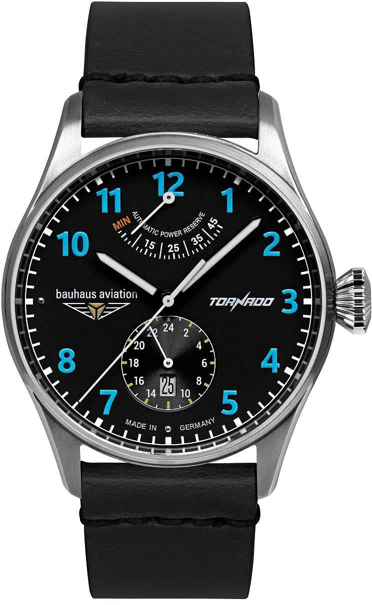 Pulsera de hombre con esfera negra, marcadores de hora azules y correa de cuero negra