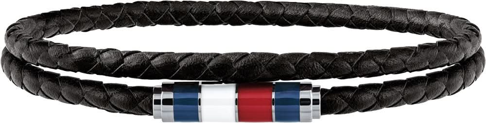 Pulsera de cuero negra con banda trenzada y cierre plateado con incrustación de rayas azul-rojas