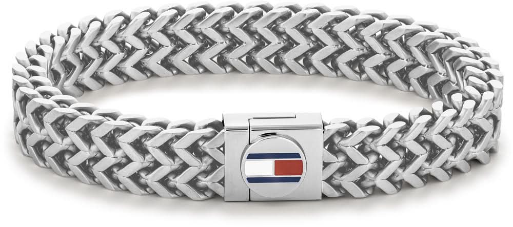 Pulsera de acero inoxidable con cadena de eslabones planos y colgante con bandera de Tommy Hilfiger en el cierre