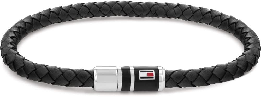 Pulsera de cuero negro trenzado con placa de cierre plateada y logotipo de Tommy Hilfiger