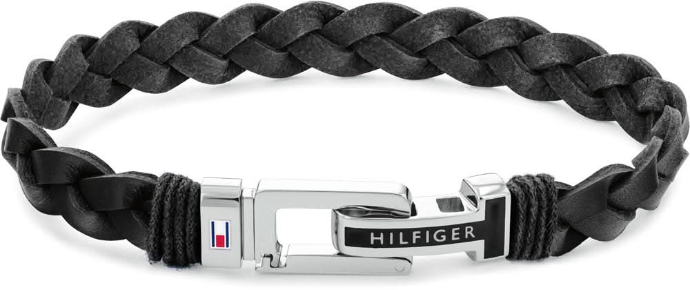Pulsera de cuero de cuero negro trenzado con cierre de metal y grabado Tommy Hilfiger